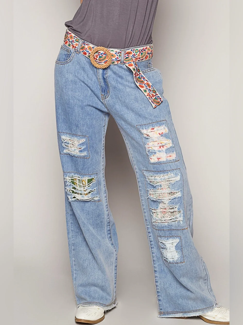 POL Embroidered Floral Fabric Belt with Beaded Buckle - Multicolor